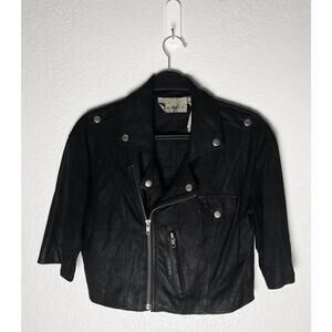 Yaya Aflalo Women's Leather Linen Cropped Moto Black Lightweight Jacket‎ Shacket